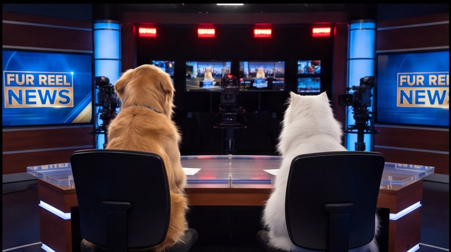 Anchors at desk facing studio monitors